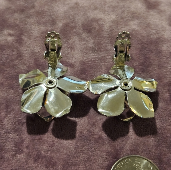 Brushed Silver ton Floral Rose Clip-on Earrings, Aurora Borealis - Picture 5 of 7